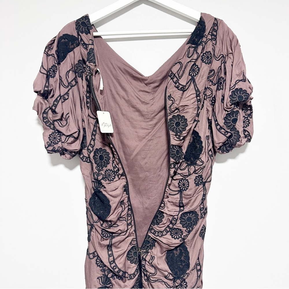 NWT Free People Ruched Women's Mini Dress with Floral Embroidery size L - Picture 10 of 13